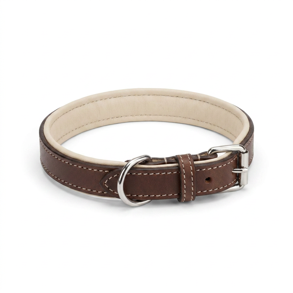 Italian Padded Leather Collar Brown Cream angled view