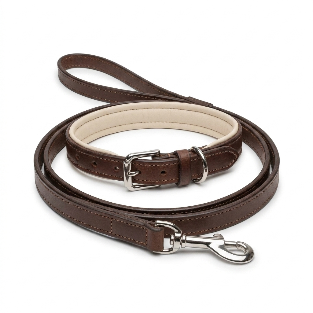 Italian Padded Leather Collar Brown Cream top-down view