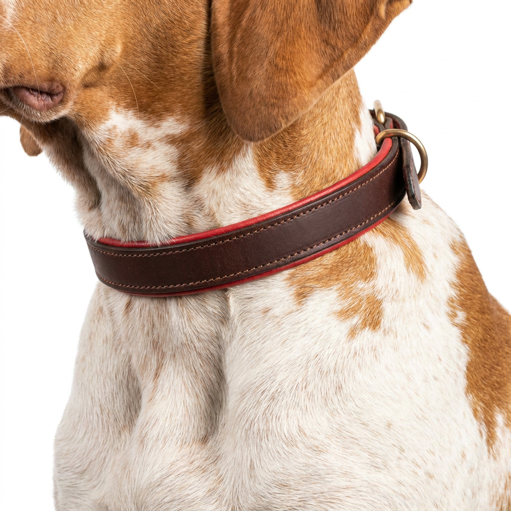 Italian Padded Leather Collar Brown Red with dog
