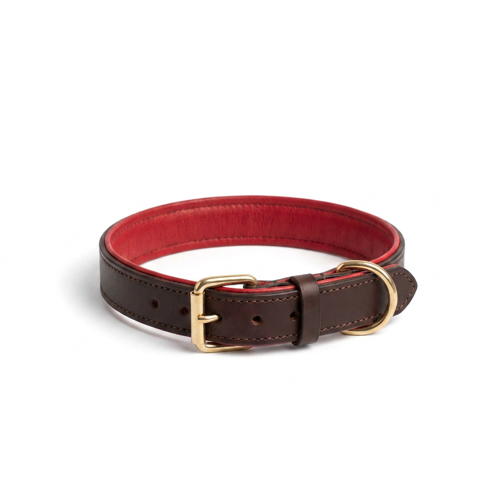 Italian Padded Leather Collar Brown Red front view
