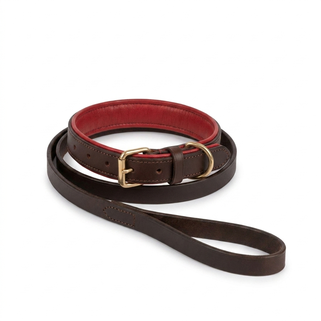 Italian Padded Leather Collar Brown Red angled view