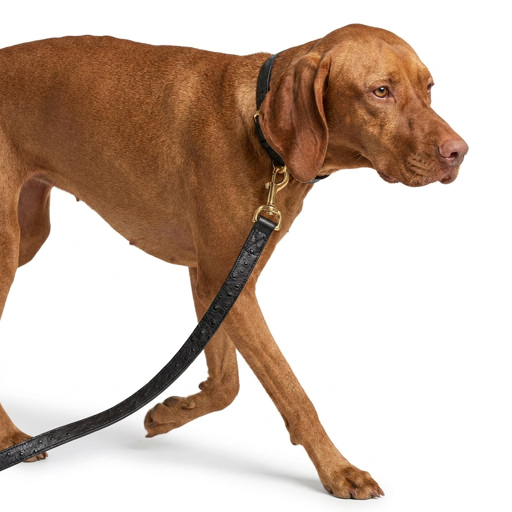 Ostrich Leather Lead Black with dog