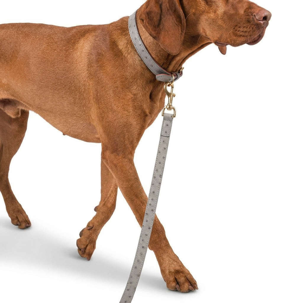 Ostrich Leather Lead Grey with dog