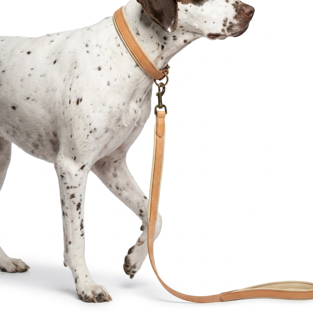 Italian Padded Leather Lead Tan Cream with dog