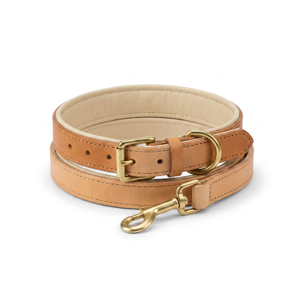 Italian Padded Leather Lead Tan Cream front view