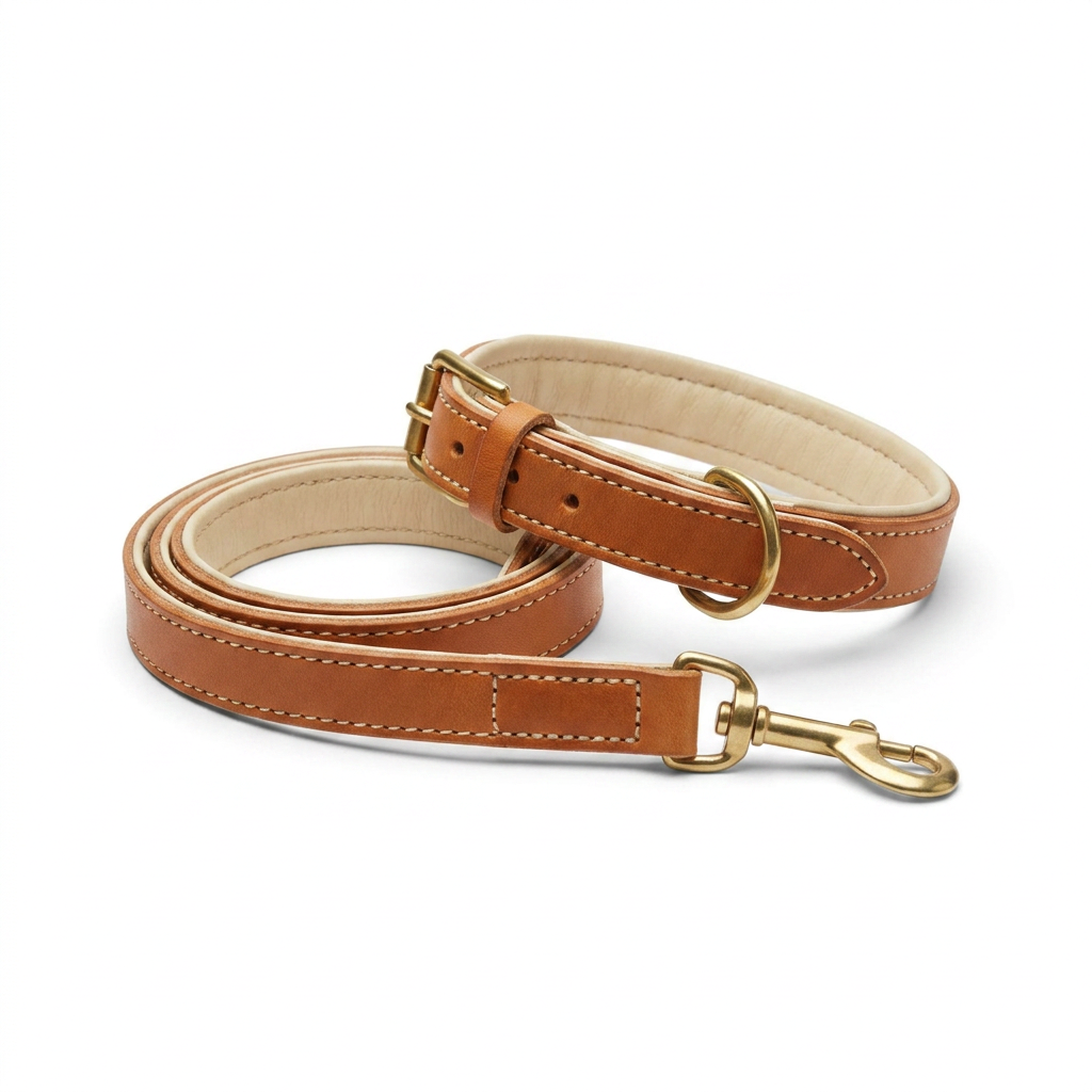 Italian Padded Leather Lead Tan Cream angled view