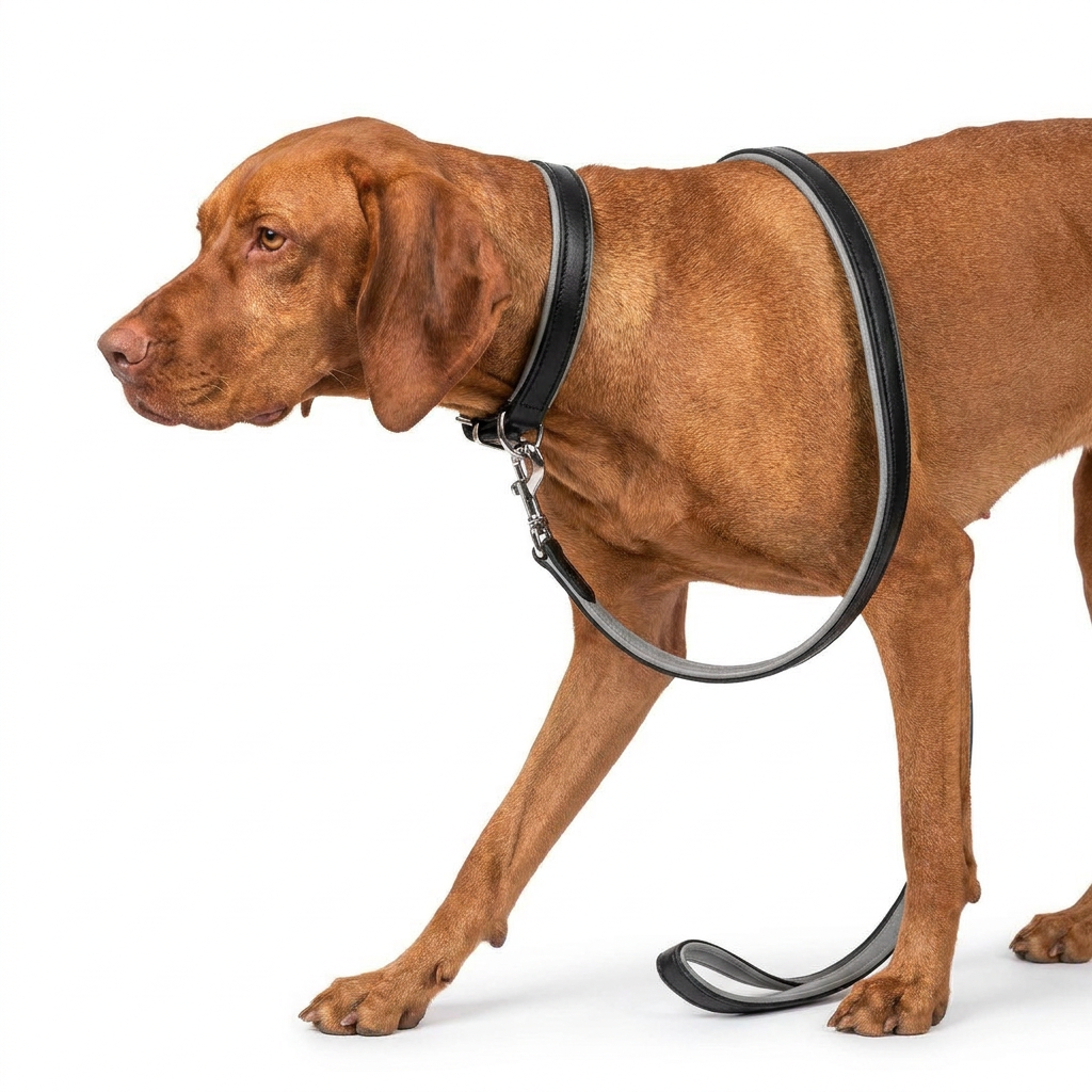 Italian Padded Leather Lead Black Grey with dog