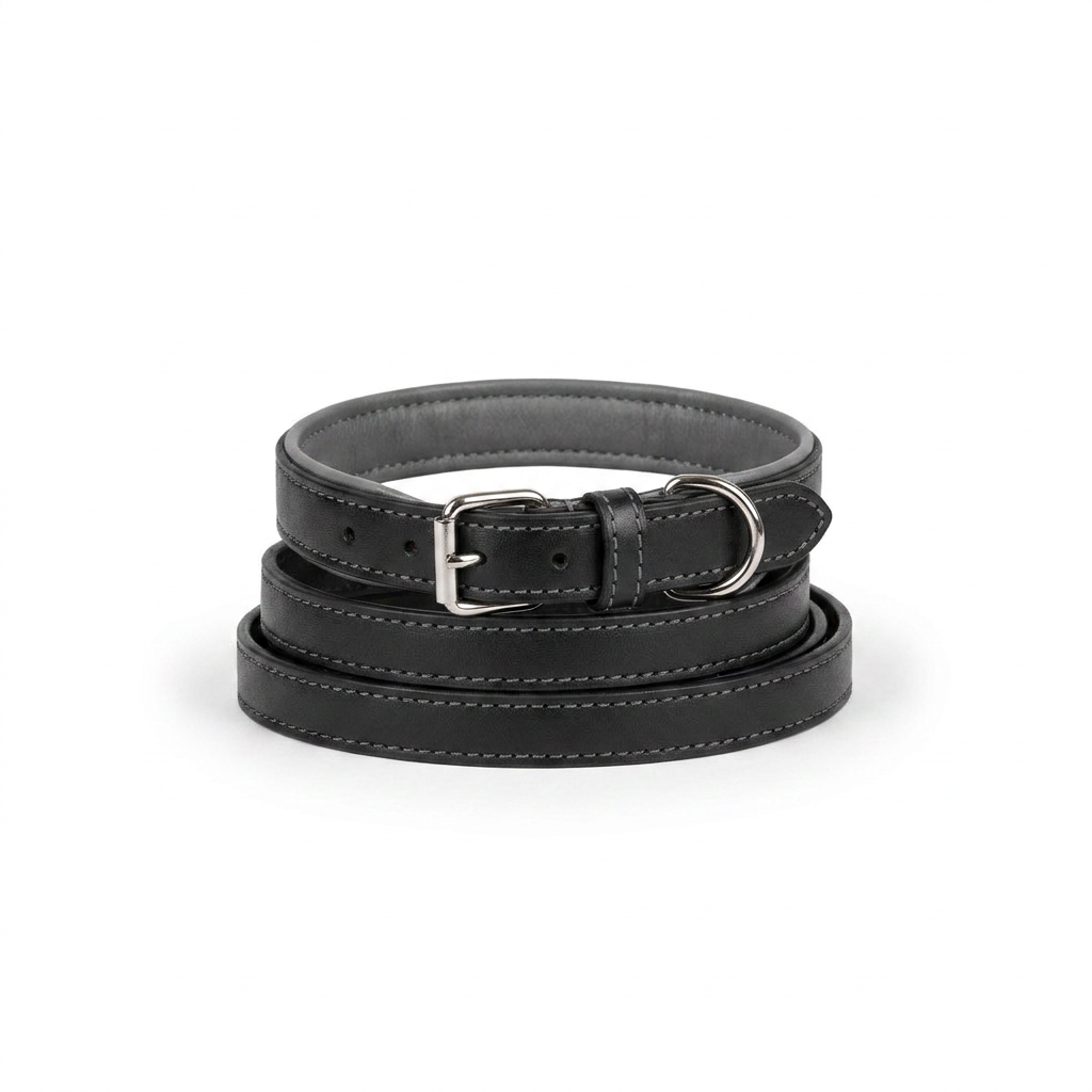 Italian Padded Leather Lead Black Grey front view