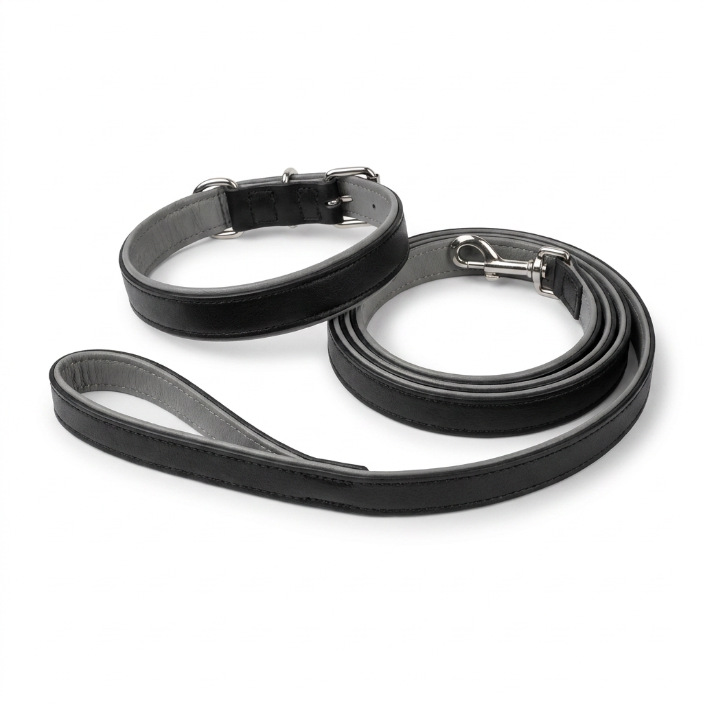 Italian Padded Leather Lead Black Grey angled view
