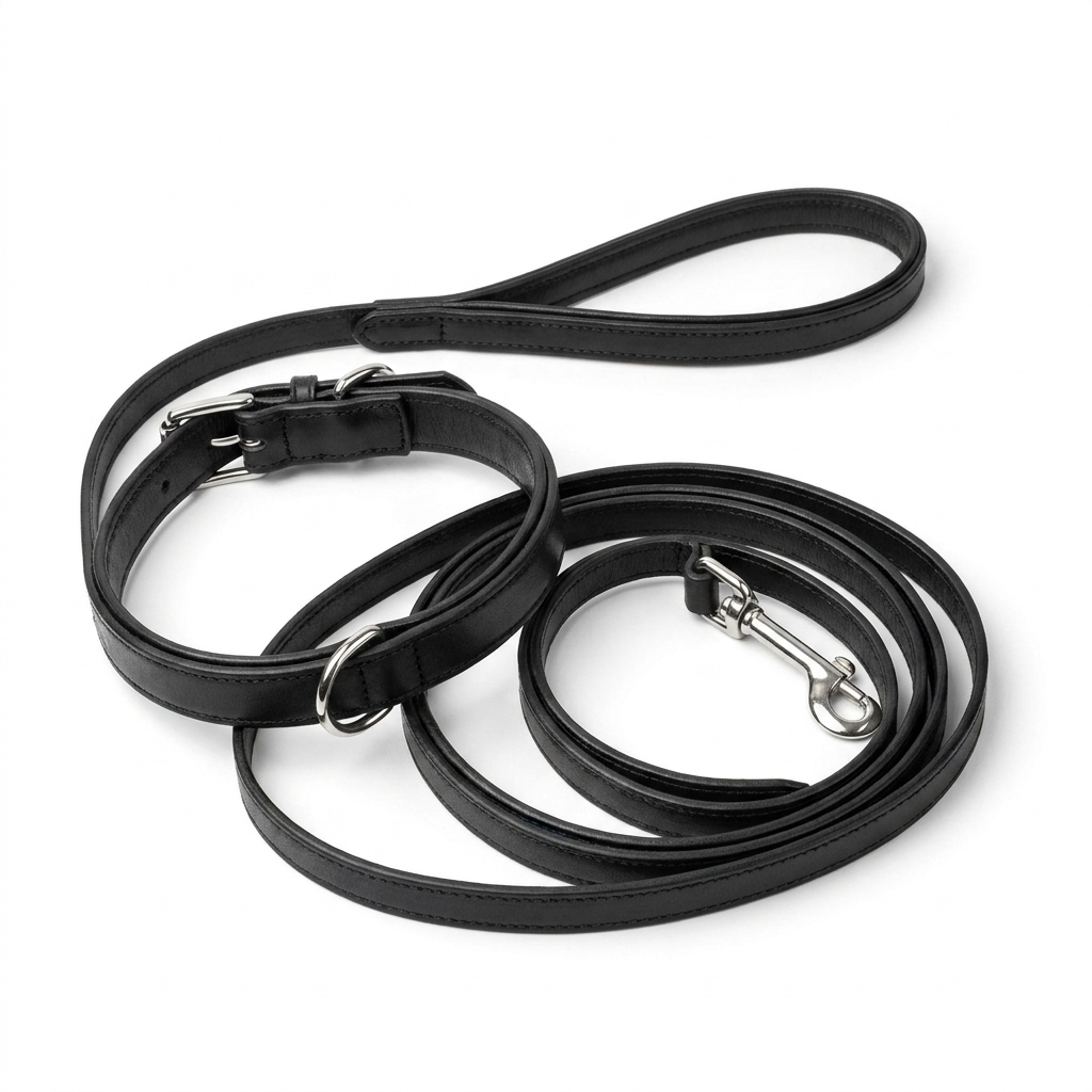 Italian Padded Leather Lead Black Grey top-down view