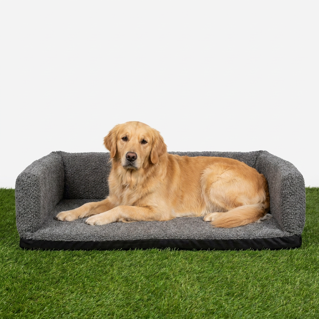 Dog Crate Bumper Granite Bouclé with dog
