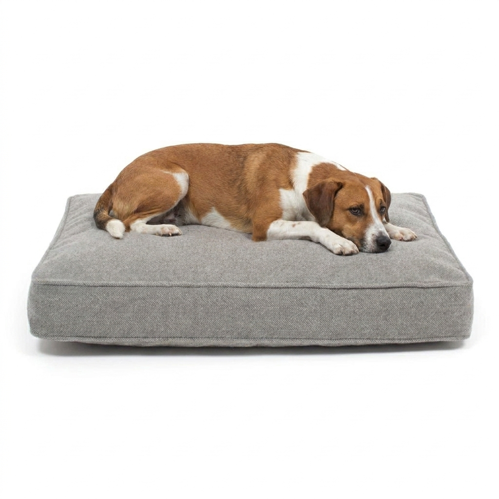 Dog Cushion Pewter Herringbone Tweed with dog