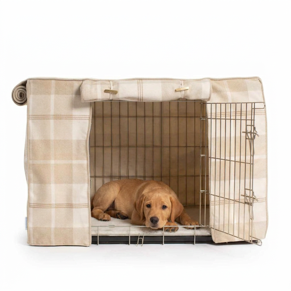 Dog Crate Cover Balmoral Natural Tweed with dog
