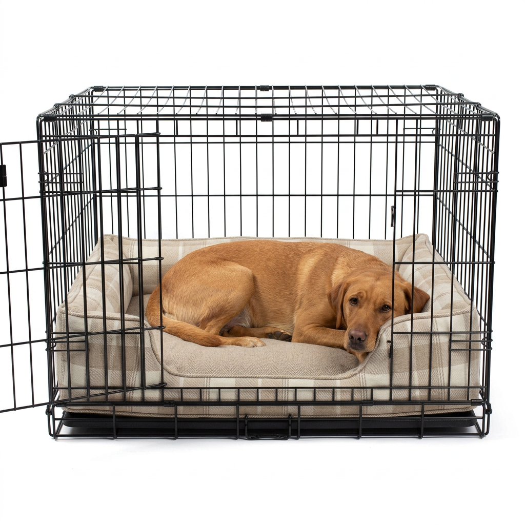 Dog Crate Bumper Balmoral Natural Tweed with dog