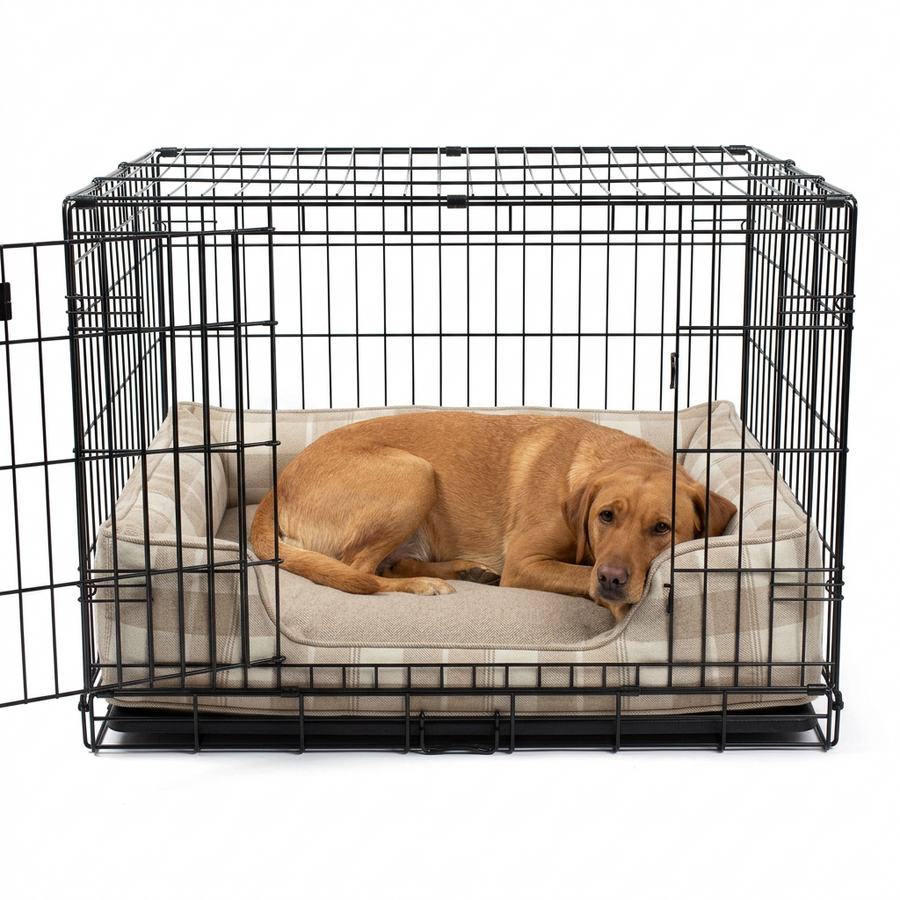 Dog Crate Bumper Balmoral Natural Tweed with dog