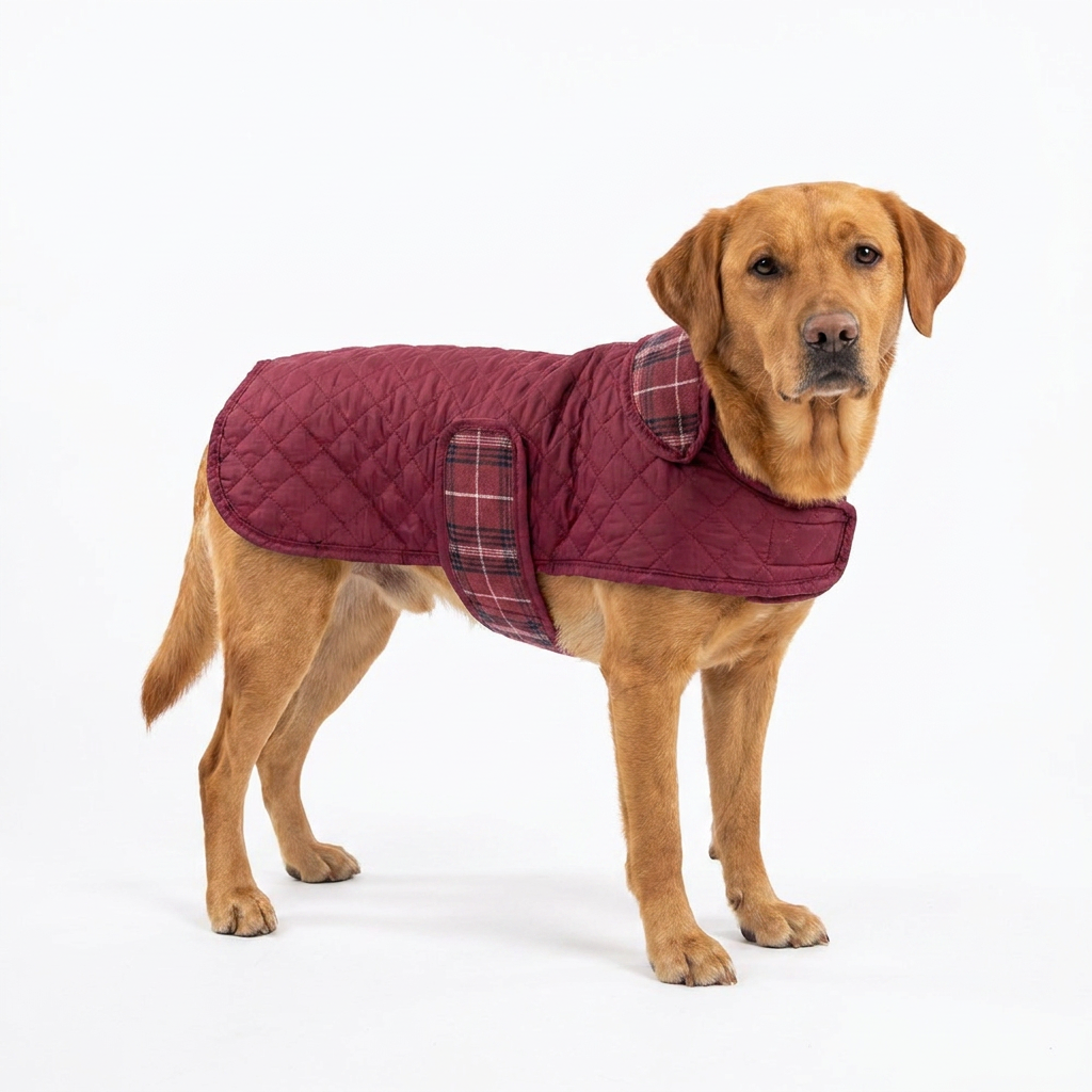 Quilted Dog Coat Mulberry Plaid with dog