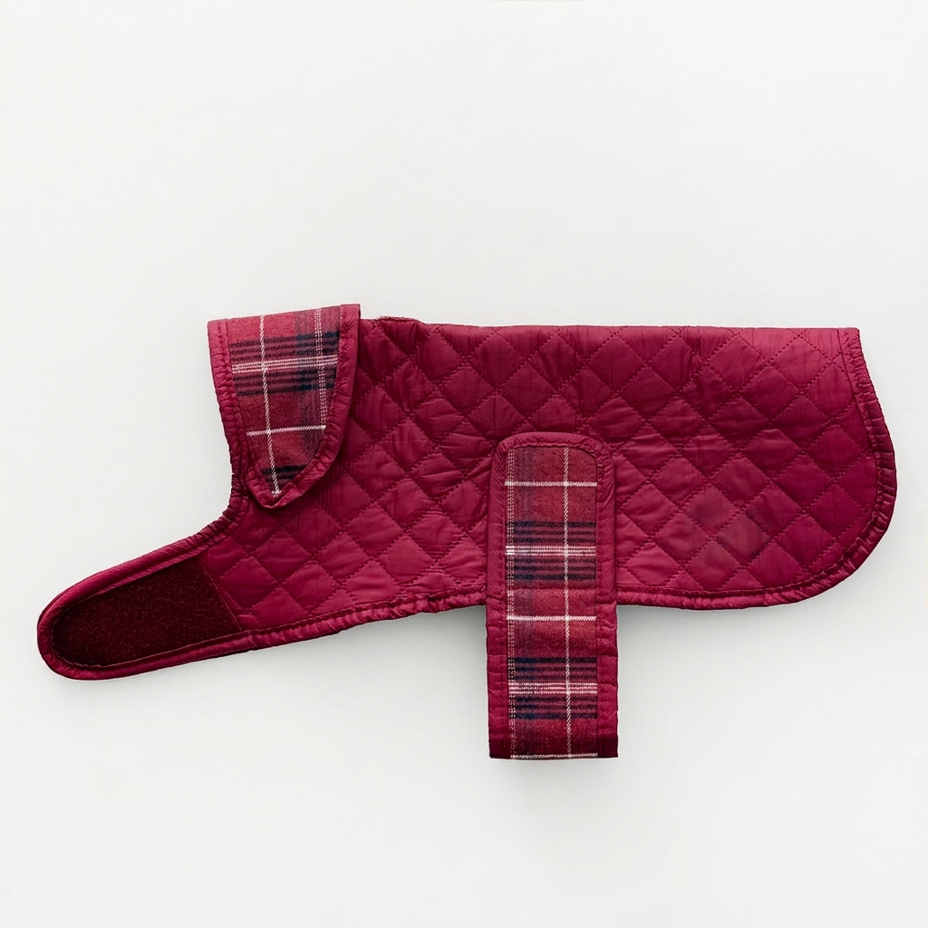 Quilted Dog Coat Mulberry Plaid front view