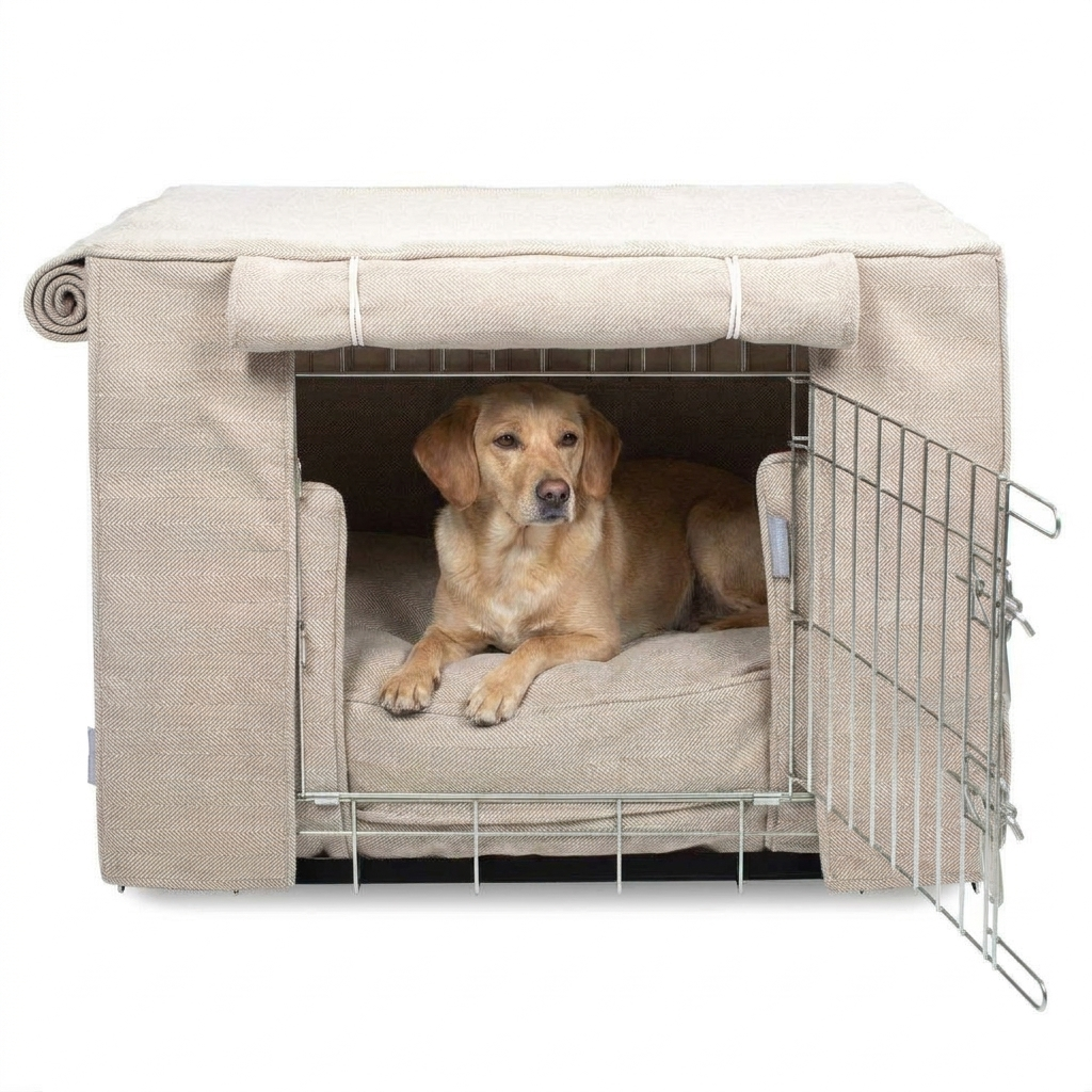 Dog Crate Set Natural Herringbone with dog