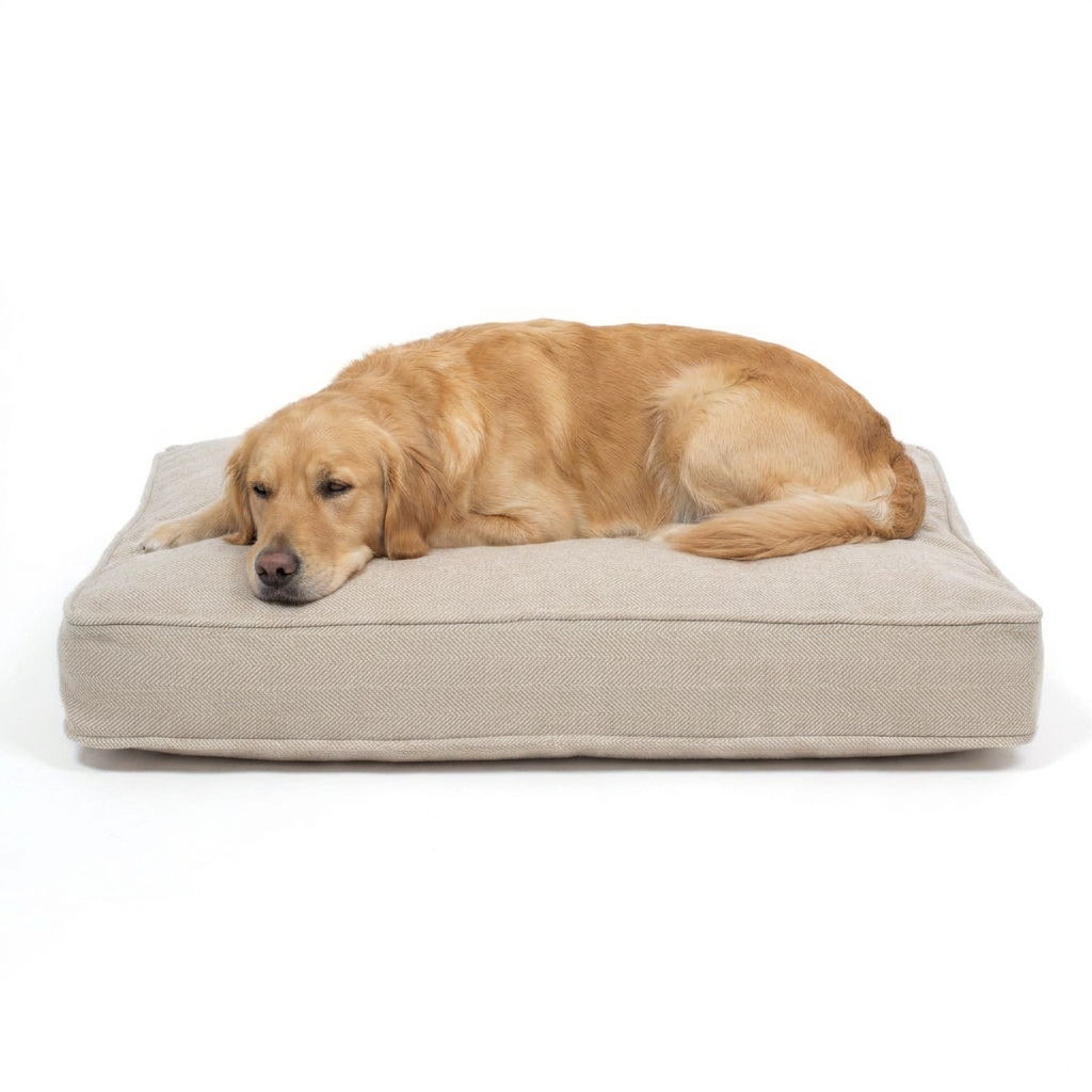 Dog Cushion Natural Herringbone with dog
