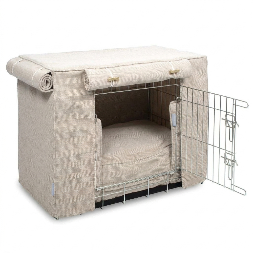 Dog Crate Set Natural Herringbone angled view