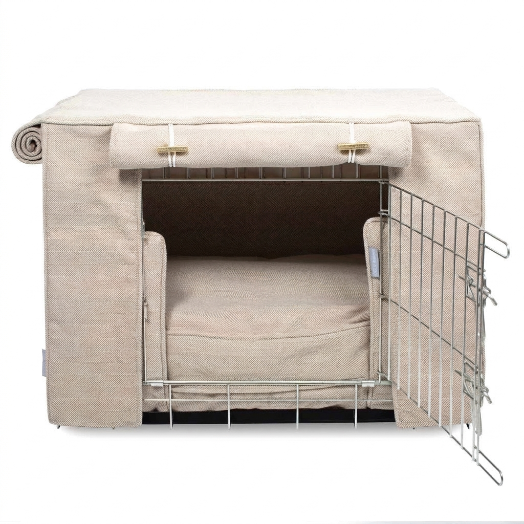 Dog Crate Set Natural Herringbone top-down view