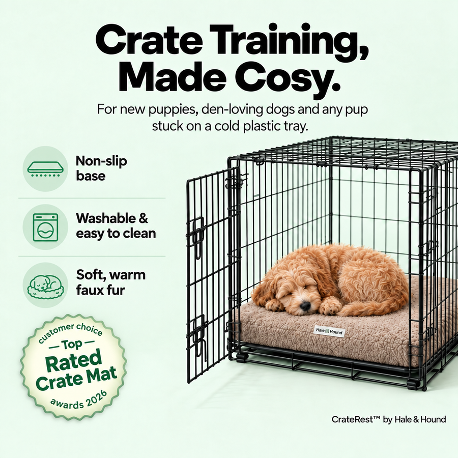CrateRest dog crate mat with a sleeping puppy in a crate