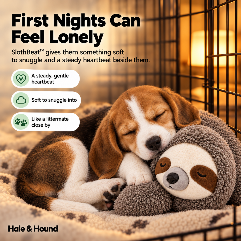 Puppy fast asleep cuddling the SlothBeat sloth