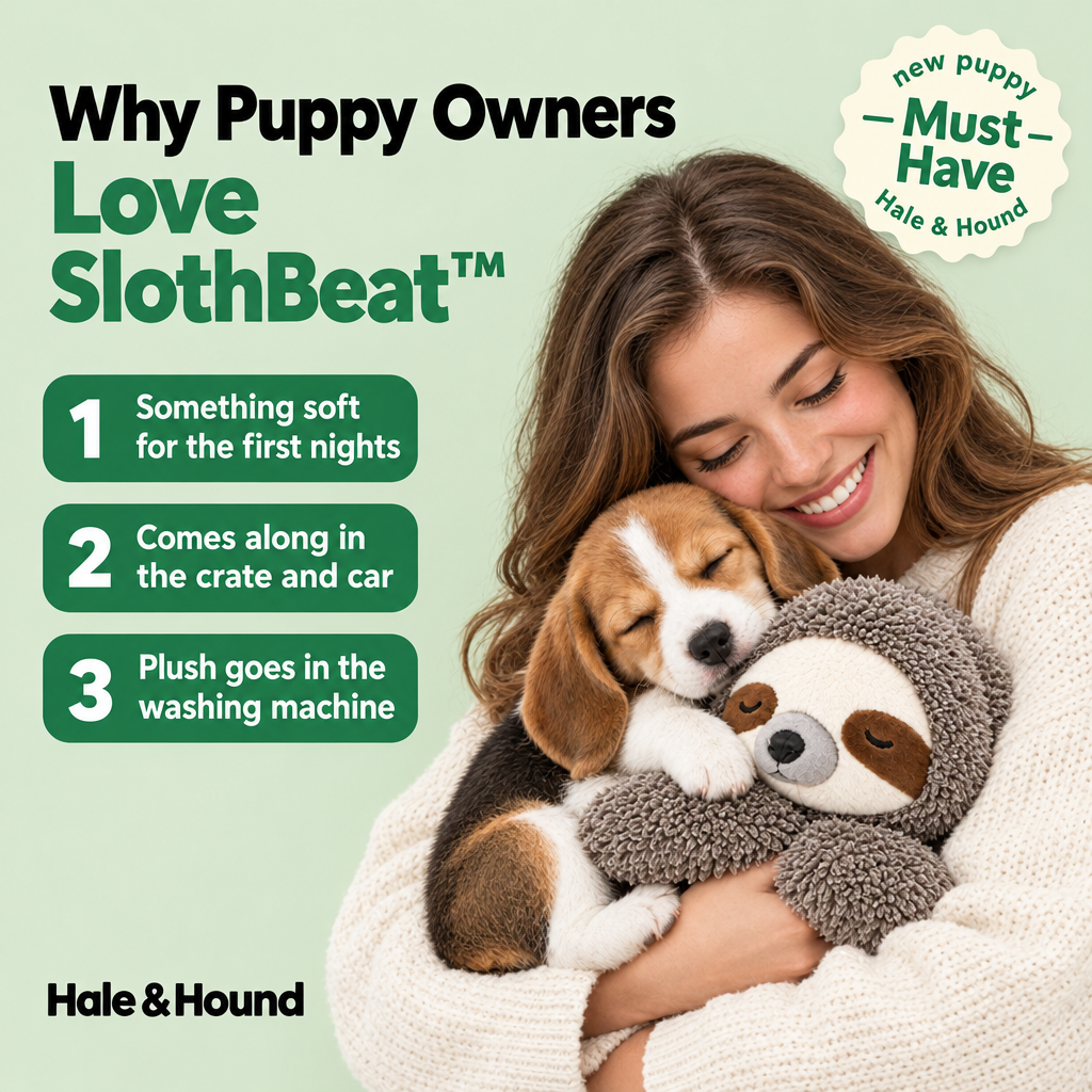 Owner cuddling a beagle puppy with SlothBeat