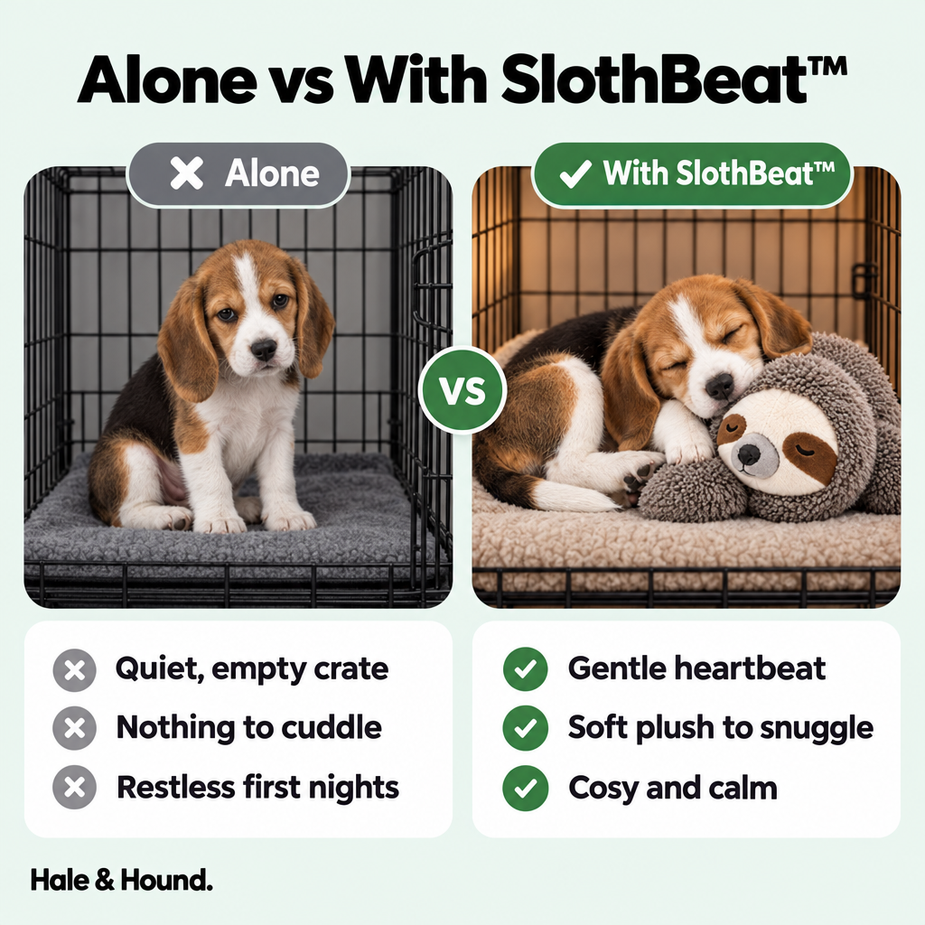 A puppy alone versus a puppy with SlothBeat