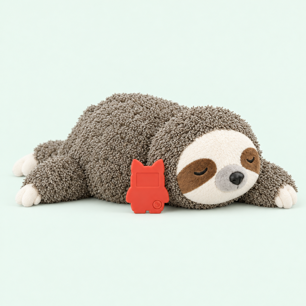 SlothBeat plush sloth with its red heartbeat unit