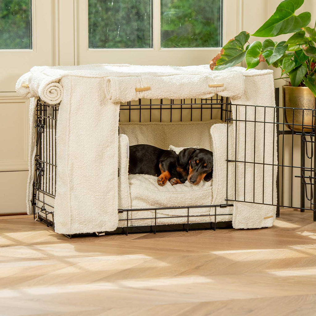 Dog Crate Set Ivory Bouclé Fully Lined Machine Washable Personalised