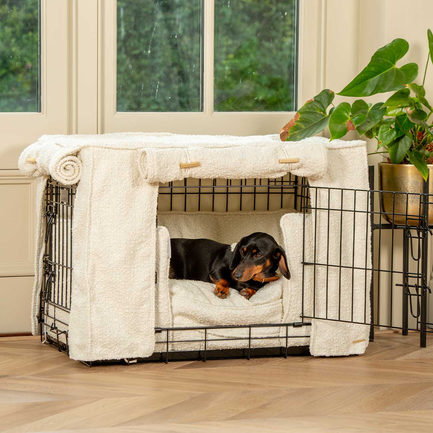 Dog Crate Set Ivory Bouclé Fully Lined Machine Washable Personalised