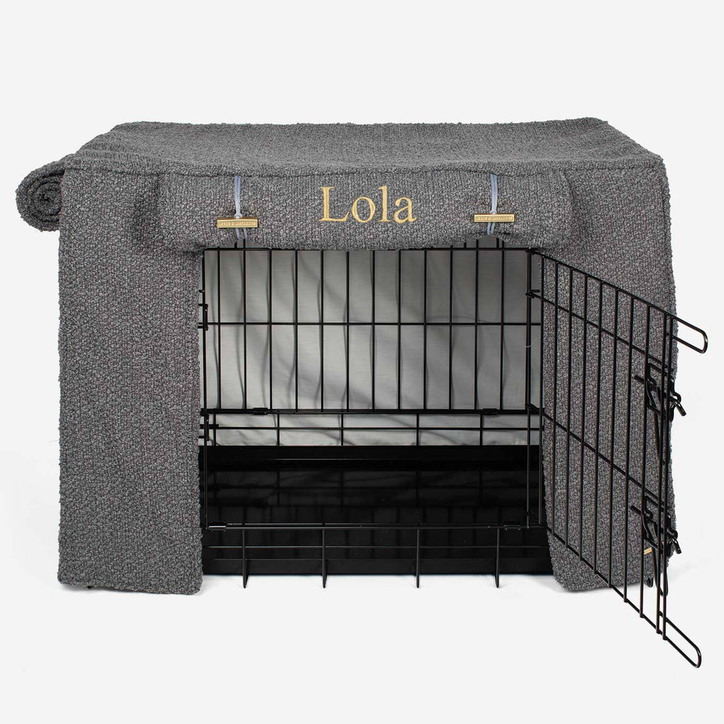 Vollständig gefütterte Hundeboxabdeckung Granit Bouclé Maschinenwaschbar Personalisiert