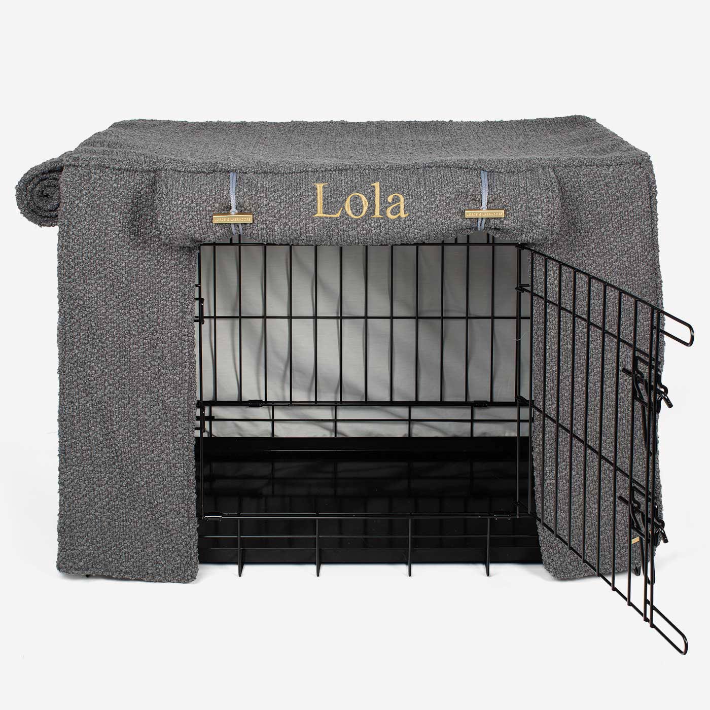 Vollständig gefütterte Hundeboxabdeckung Granit Bouclé Maschinenwaschbar Personalisiert
