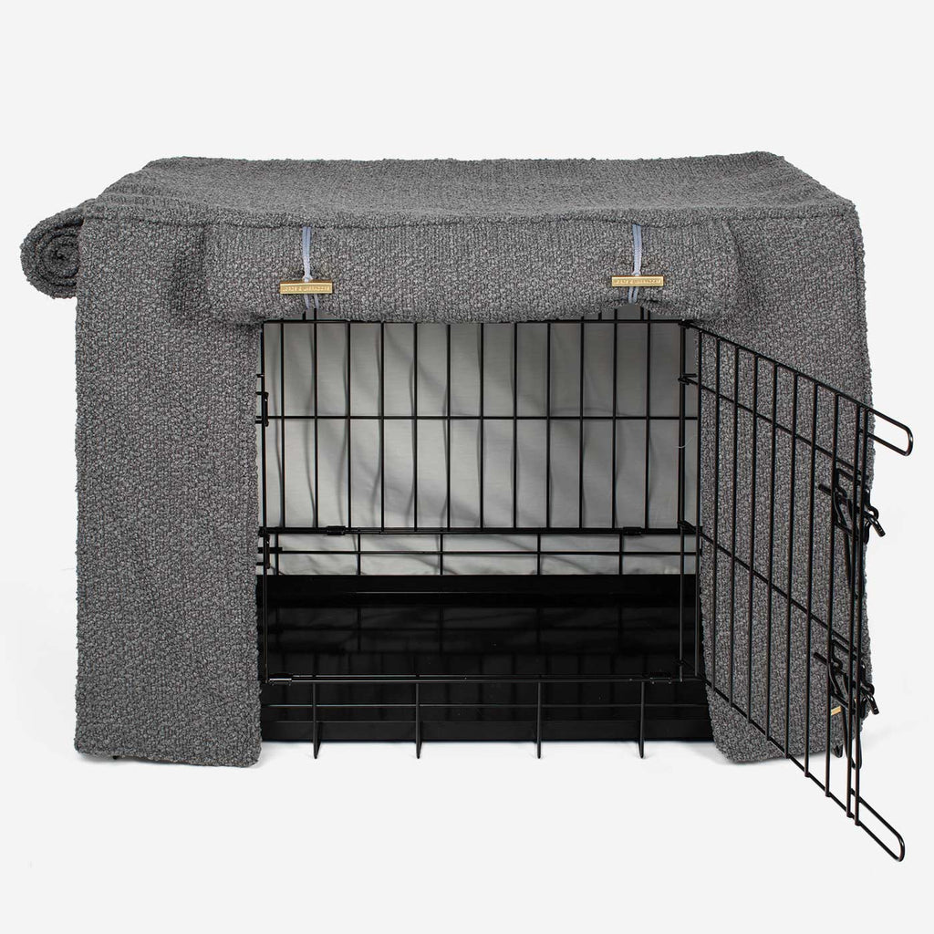 Vollständig gefütterte Hundeboxabdeckung Granit Bouclé Maschinenwaschbar Personalisiert