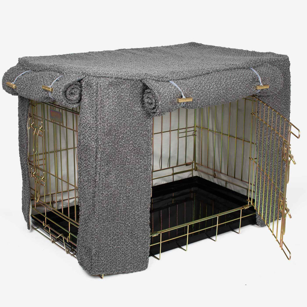 Vollständig gefütterte Hundeboxabdeckung Granit Bouclé Maschinenwaschbar Personalisiert
