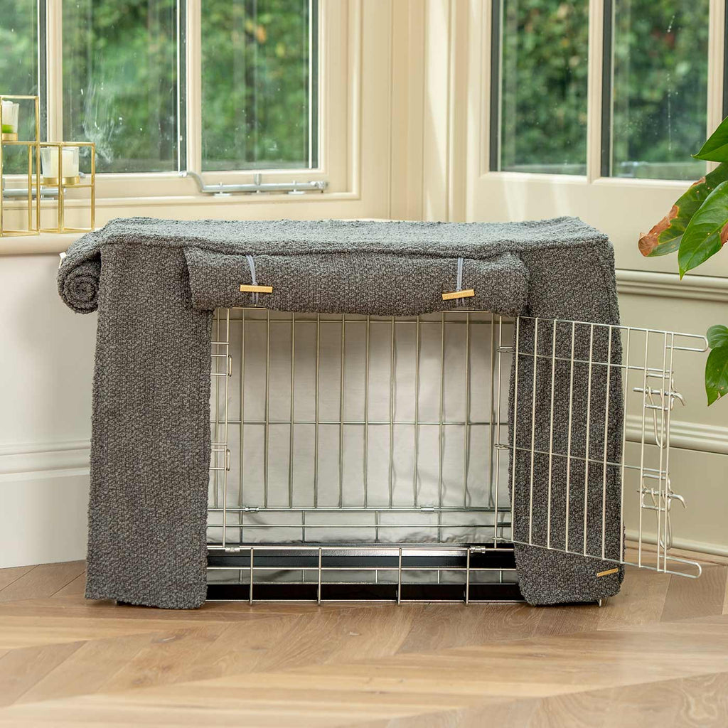 Vollständig gefütterte Hundeboxabdeckung Granit Bouclé Maschinenwaschbar Personalisiert