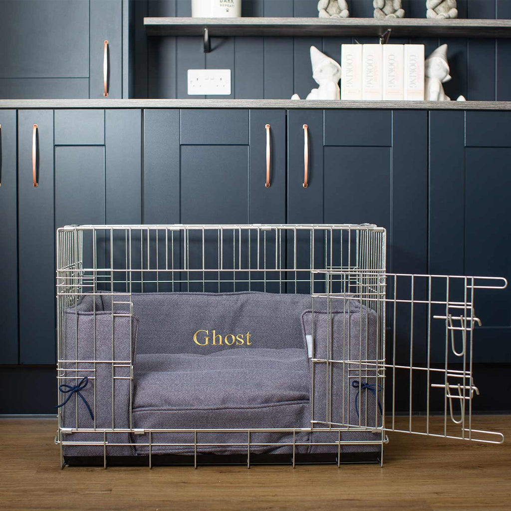 Pare-chocs de cage pour chien fait main en tweed chevrons Oxford lavable en machine