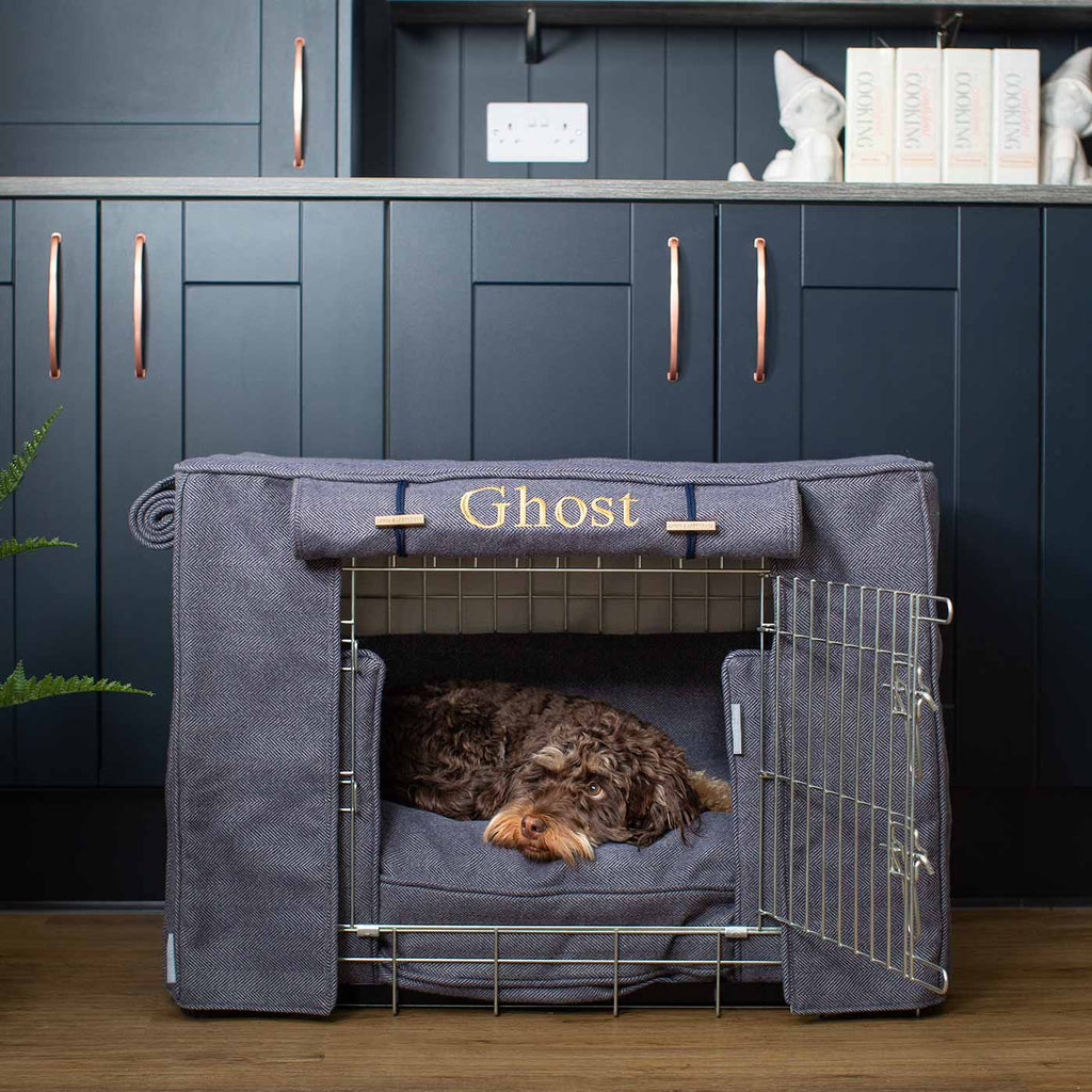 Dog Crate Set Oxford Herringbone Tweed Machine Washable Personalised