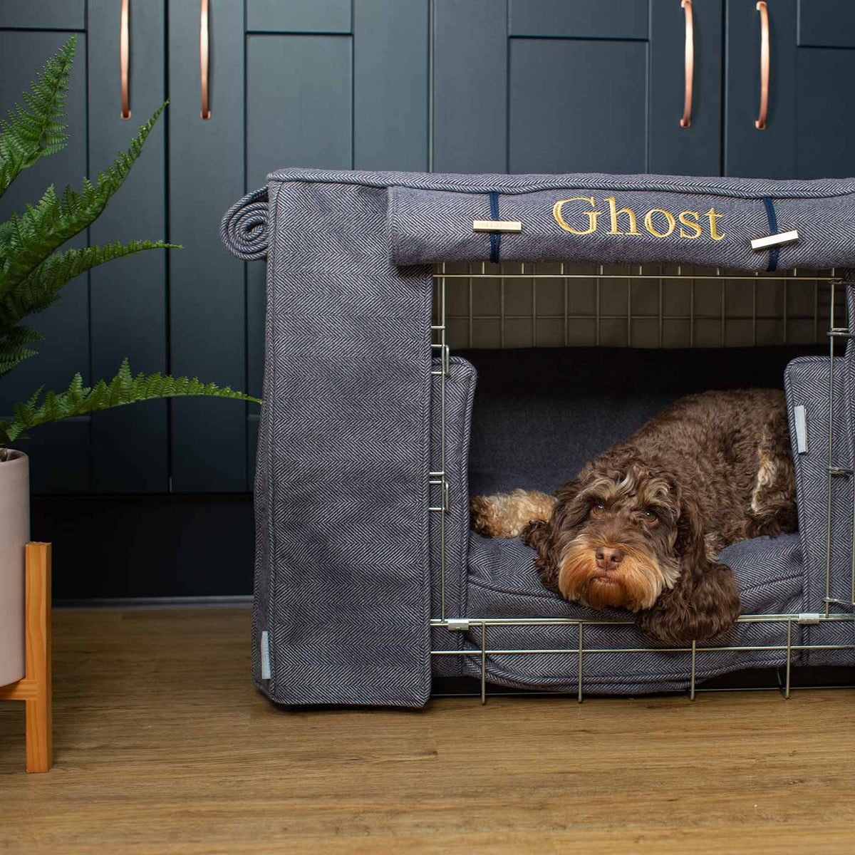 Dog Crate Set Oxford Herringbone Tweed Machine Washable Personalised