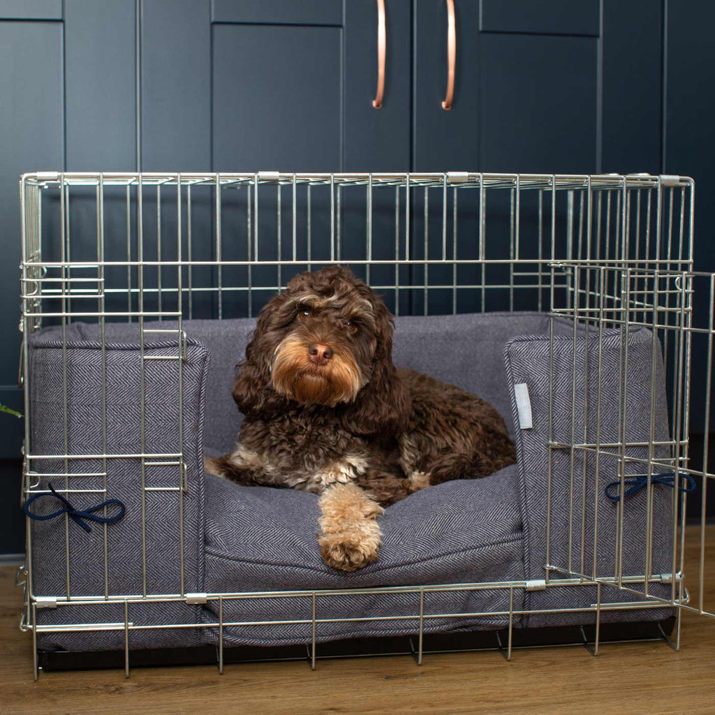 Pare-chocs de cage pour chien fait main en tweed chevrons Oxford lavable en machine