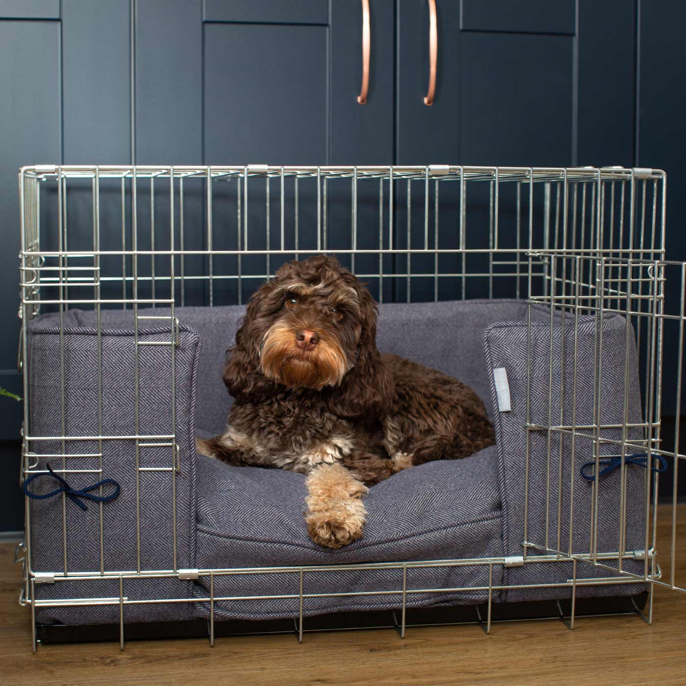 Pare-chocs de cage pour chien fait main en tweed chevrons Oxford lavable en machine