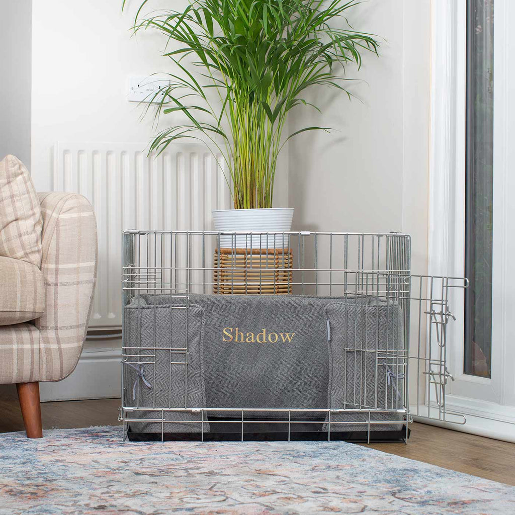 Handmade Dog Crate Bumper Pewter Herringbone Tweed Machine Washable