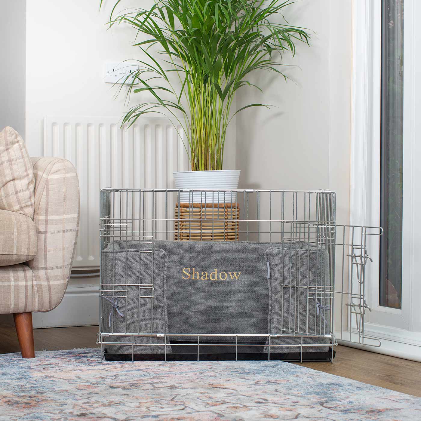 Handmade Dog Crate Bumper Pewter Herringbone Tweed Machine Washable