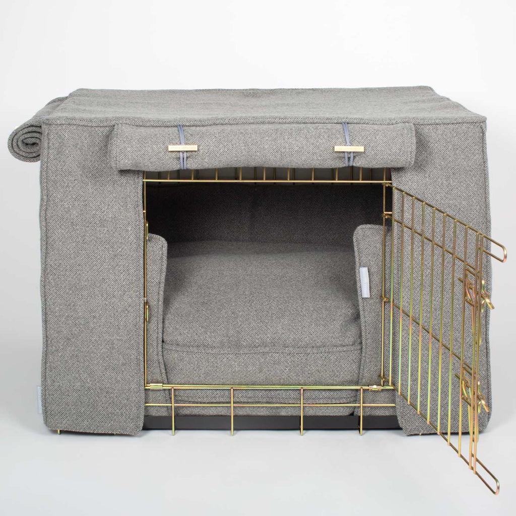 Niche pour chien personnalisable en tweed à chevrons étain lavable en machine