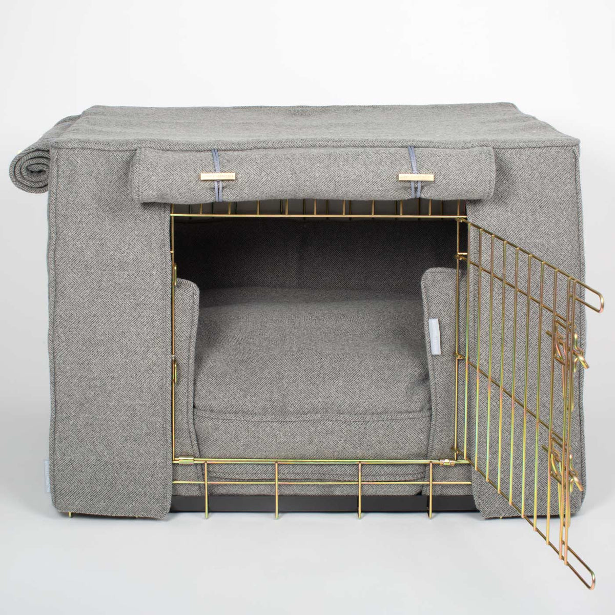 Niche pour chien personnalisable en tweed à chevrons étain lavable en machine