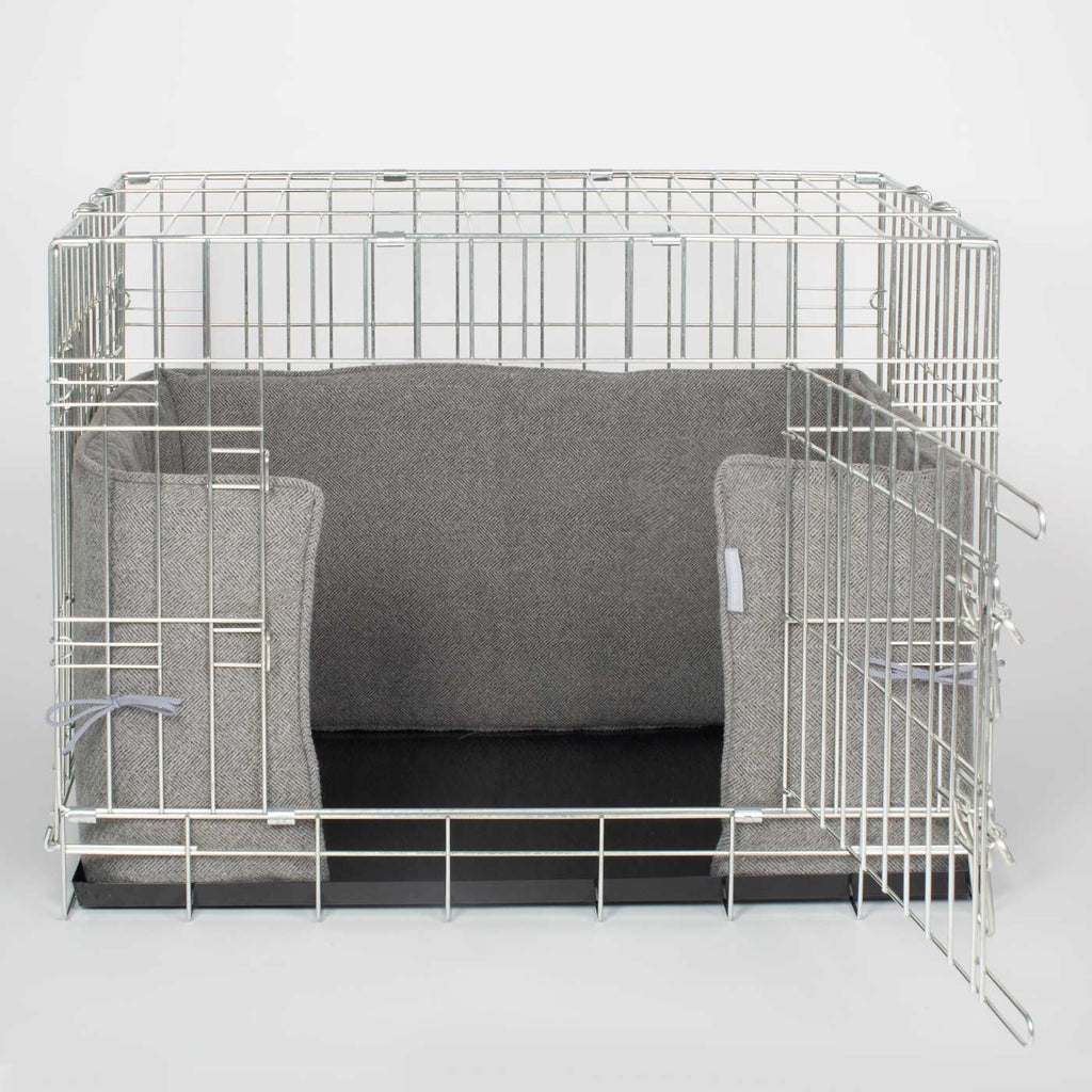 Handmade Dog Crate Bumper Pewter Herringbone Tweed Machine Washable