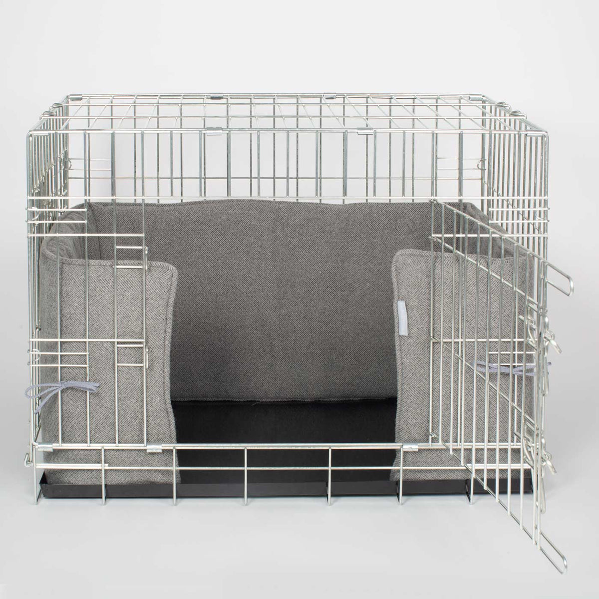Pare-chocs pour cage pour chien fait main en tweed à chevrons étain, lavable en machine