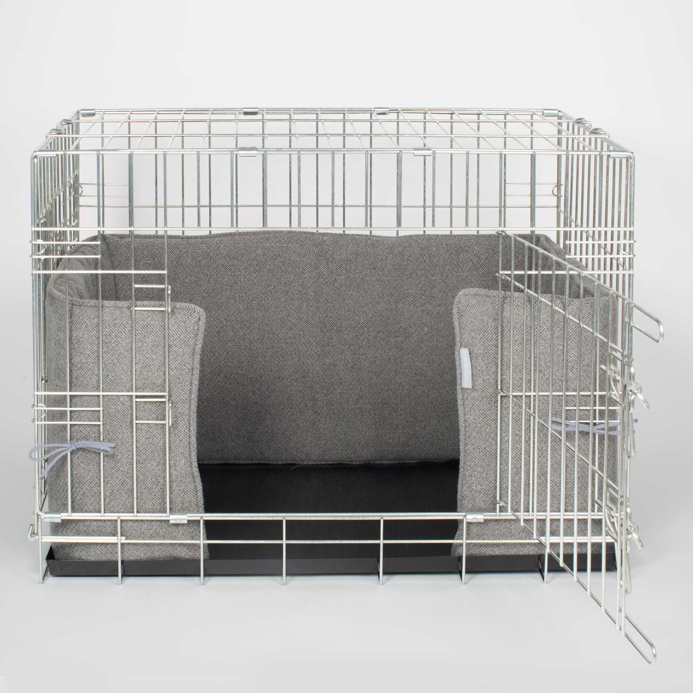 Handmade Dog Crate Bumper Pewter Herringbone Tweed Machine Washable