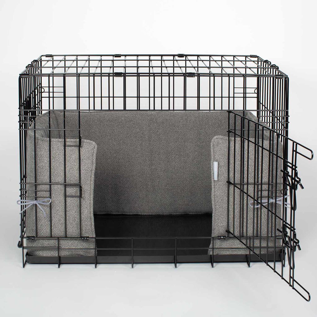 Handmade Dog Crate Bumper Pewter Herringbone Tweed Machine Washable